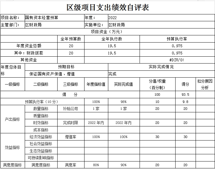 區(qū)級項目支出績效自評表（國有資本經(jīng)營預(yù)算）